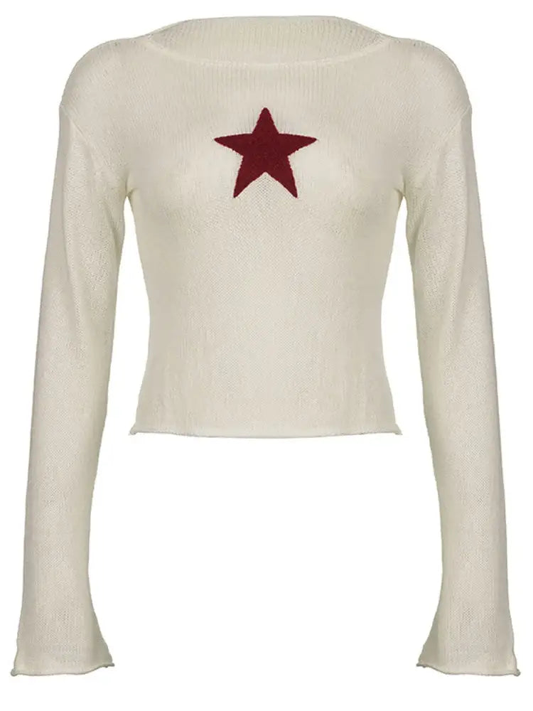 White long-sleeved Star Knit Sweater with red star on the chest