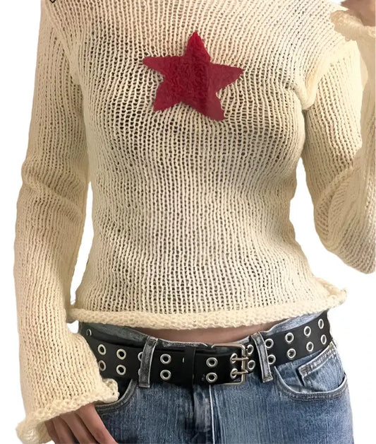 Cream-colored knit sweater with red star, perfect for cozy style in the Star Knit Sweater