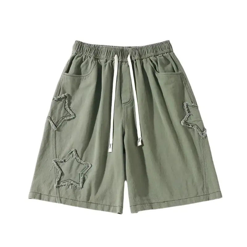 Olive green Star Shorts with star-shaped patches and comfortable drawstring waist