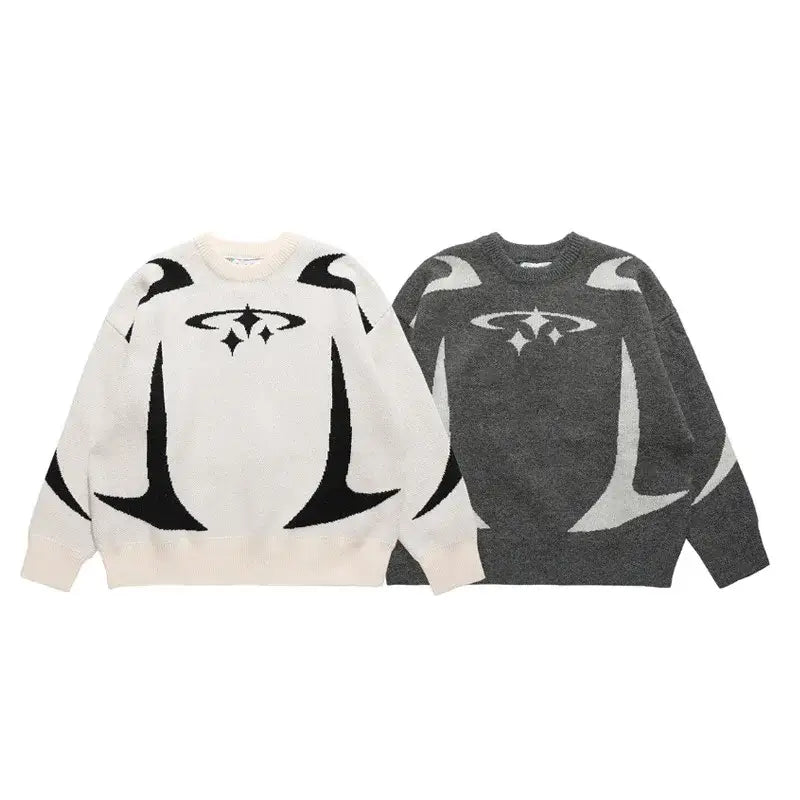 Two Star Sweater Y2K styles in white and gray with abstract eye designs