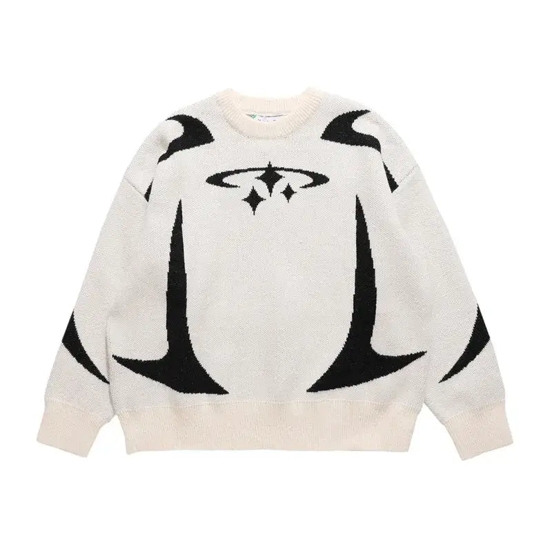 White Star Sweater Y2K featuring bold black abstract design elements