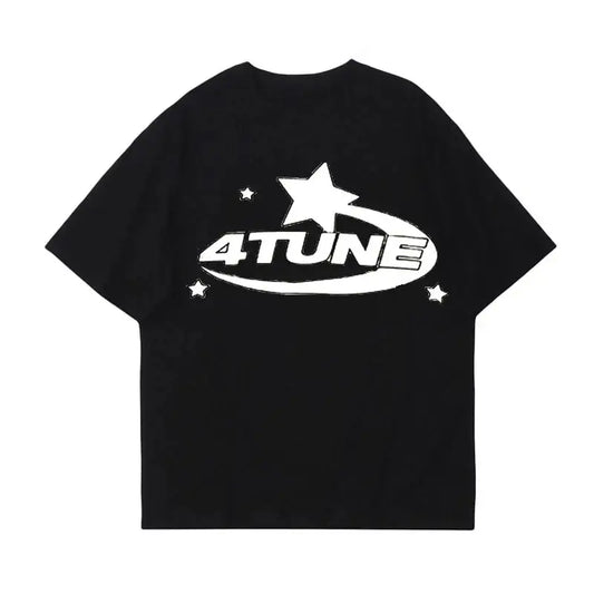 Black Y2K Star T Shirt featuring a white 4TUNE logo with stars design