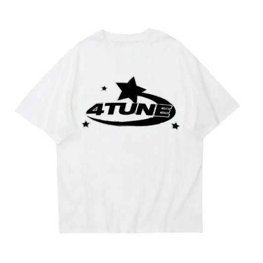 White Y2K Star T Shirt featuring a black ATUNE logo with star design