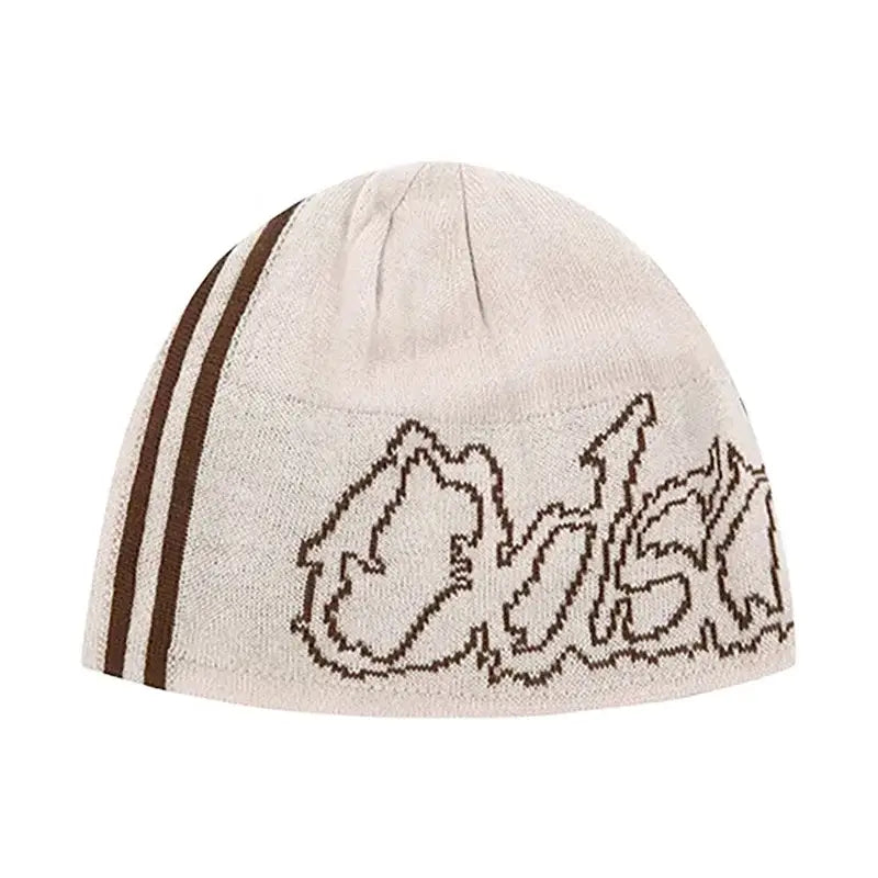 Beige knit streetwear beanie with Odsk text and brown stripes to stay warm y2k style