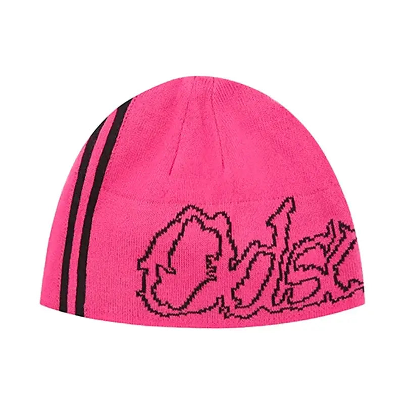 Bright pink streetwear beanie with black outlined logo for Y2K style and warmth