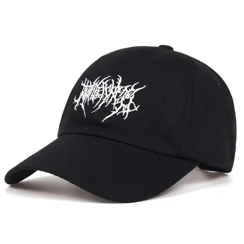 Black Streetwear Cap with white graffiti-style text, perfect Y2K fashion accessory