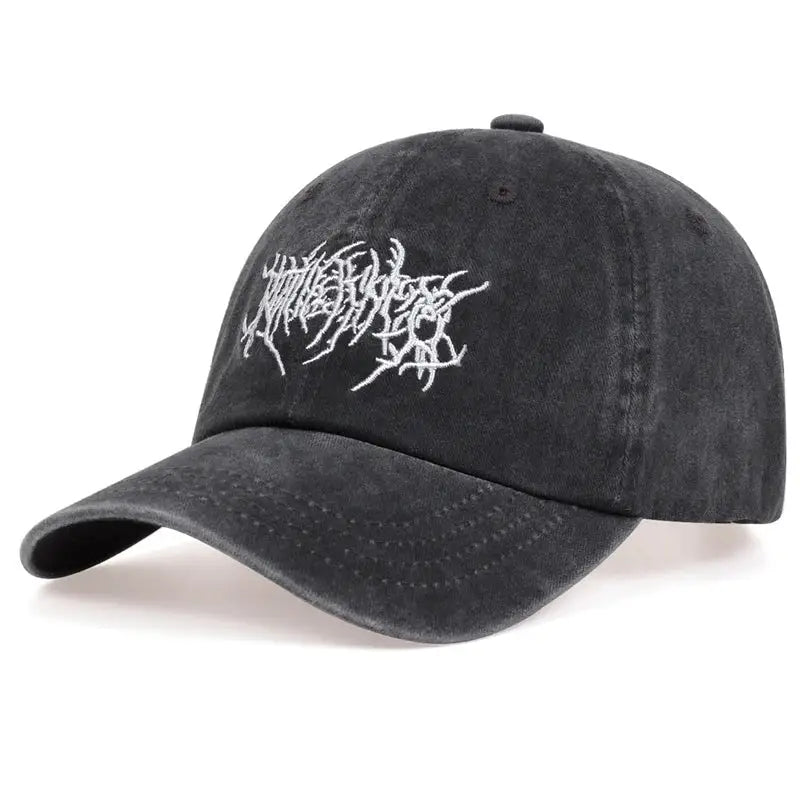 Black streetwear cap with white jagged font, perfect Y2K fashion accessory