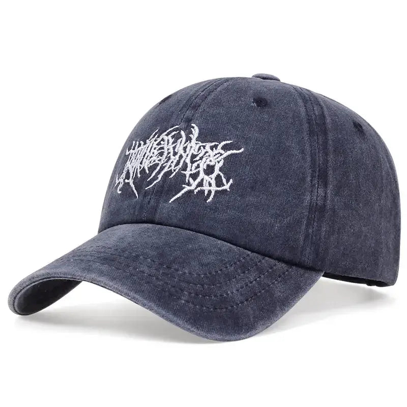 Dark gray streetwear cap with white embroidered text in stylish font, a trendy fashion accessory