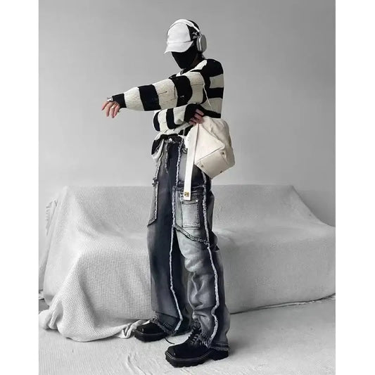 Mannequin in striped sweater and baggy streetwear jeans, embodying Y2K style