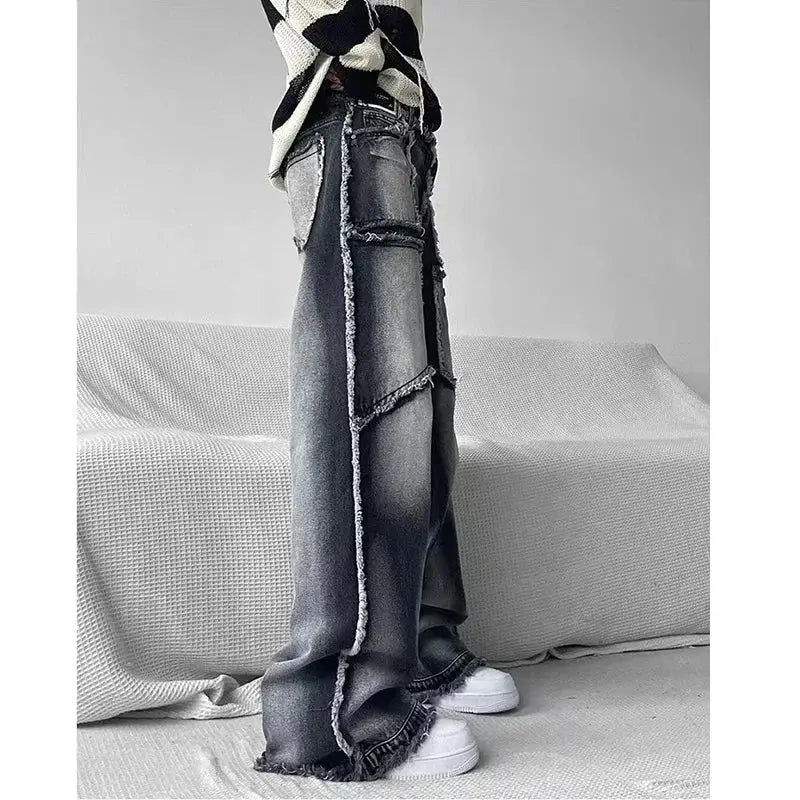 Distressed wide-leg Streetwear Jeans with frayed seams and edges for Y2K style