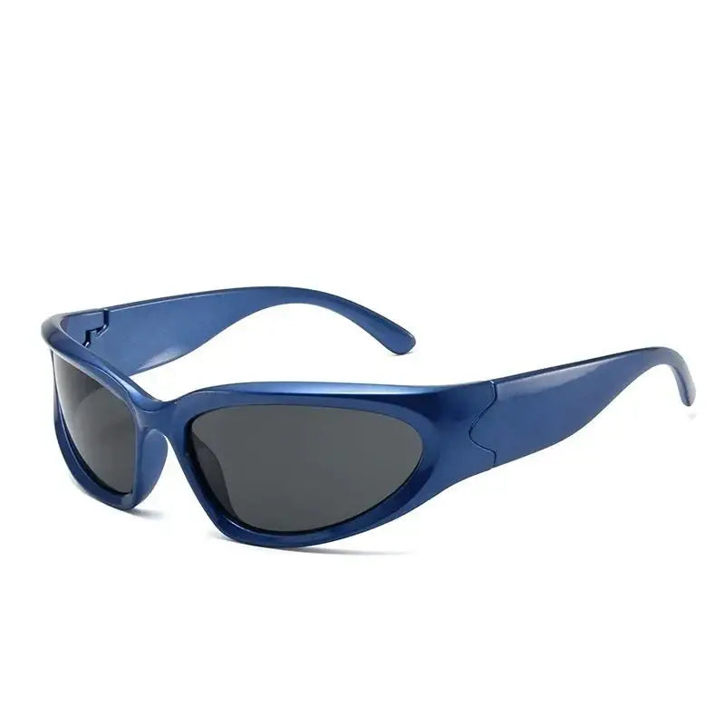 Blue wraparound sports sunglasses with dark lenses, perfect Y2K streetwear sunglasses