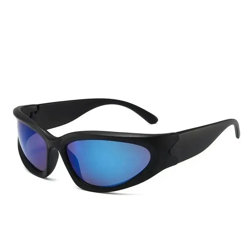 Sporty black Y2K sunglasses with blue mirrored lenses perfect for streetwear style