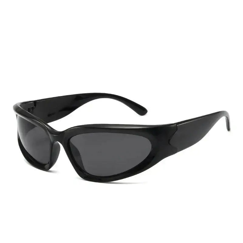 Black wraparound streetwear sunglasses with dark lenses and a sporty Y2K design