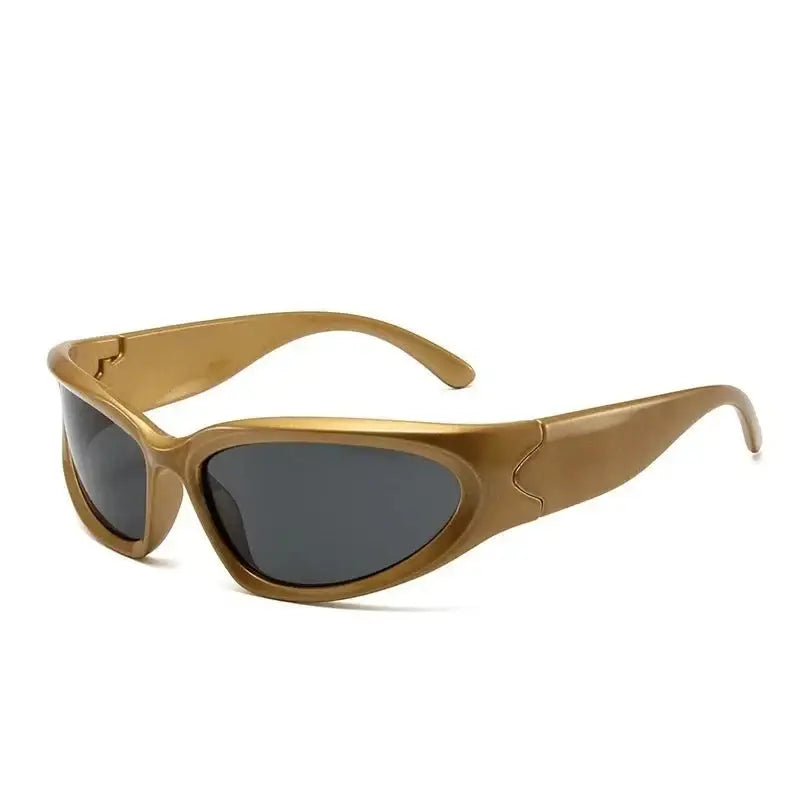 Sporty wrap-around tan frame sunglasses, perfect for Y2K streetwear style