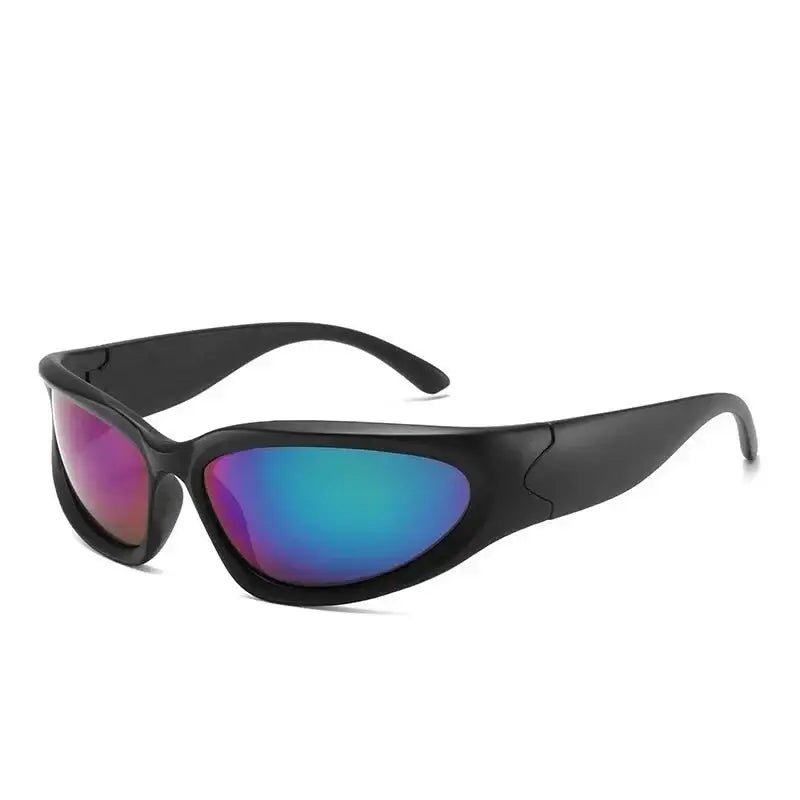 Sporty black framed streetwear sunglasses with colorful mirrored Y2K lenses