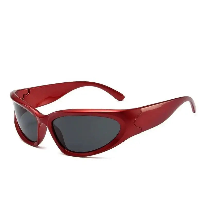 Red wraparound Y2K sunglasses with dark lenses for trendy streetwear fashion