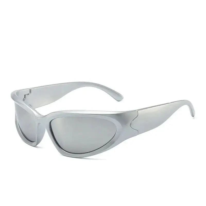 Sporty wraparound silver frame Y2K sunglasses, perfect streetwear accessory