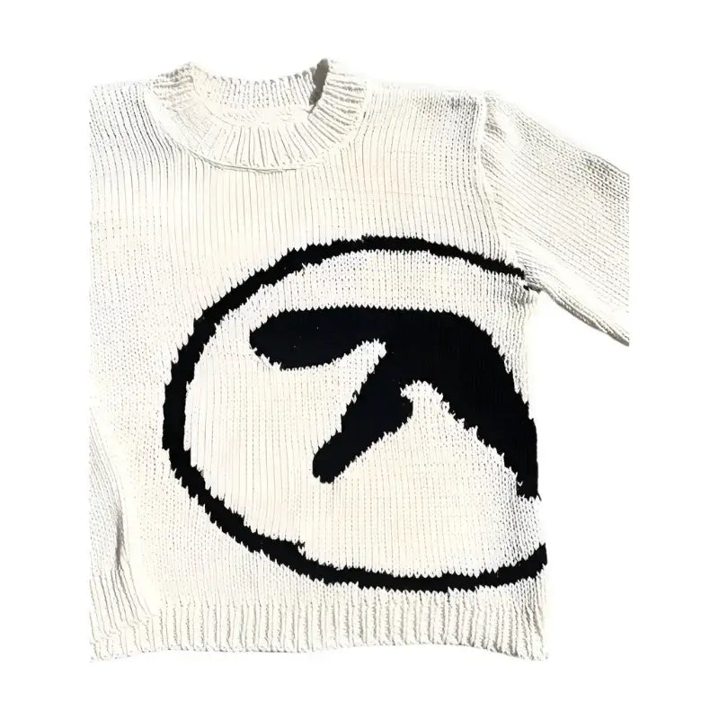 White knit sweater featuring a black abstract logo, perfect for Y2K streetwear sweats