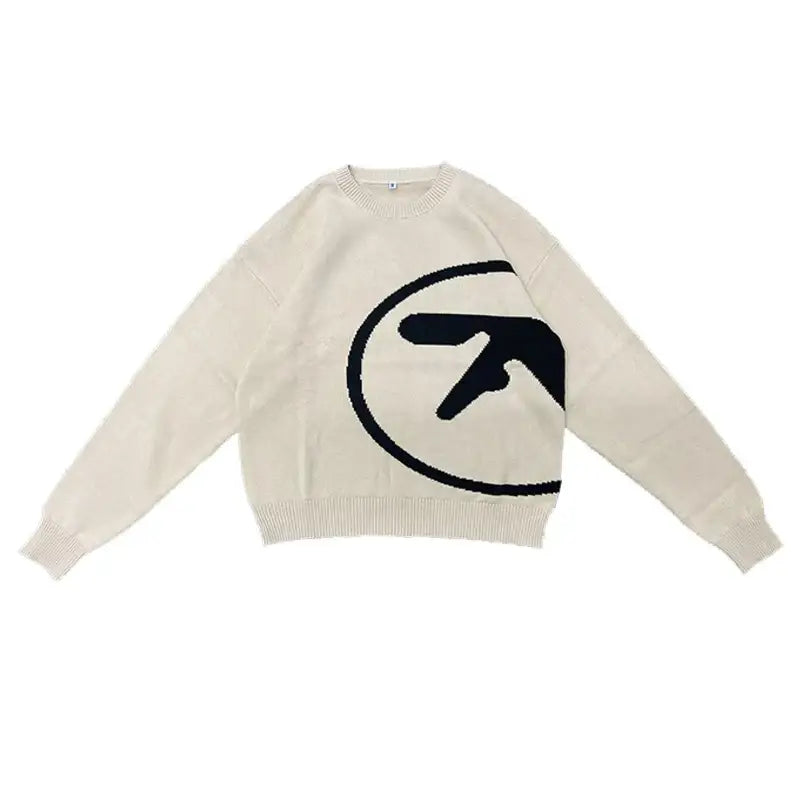 White sweater with black abstract logo, perfect for Y2K streetwear sweats style