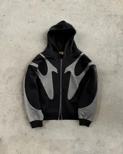 Black and gray streetwear zip up hoodie with flame-like design, featuring unisex style