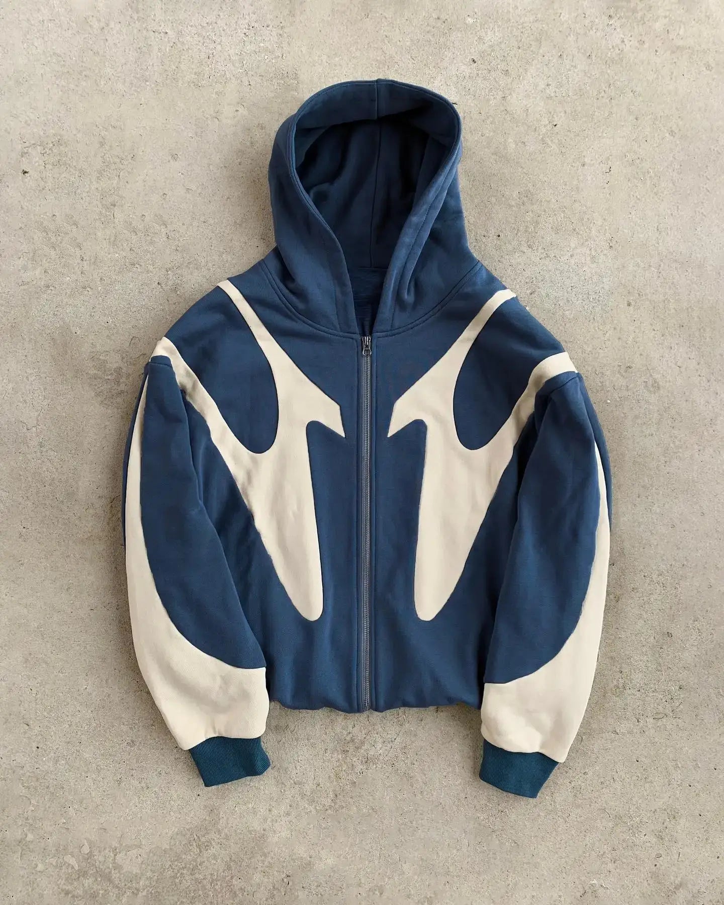 Blue and cream unisex Streetwear Zip Up Hoodie with a distinctive curved pattern design