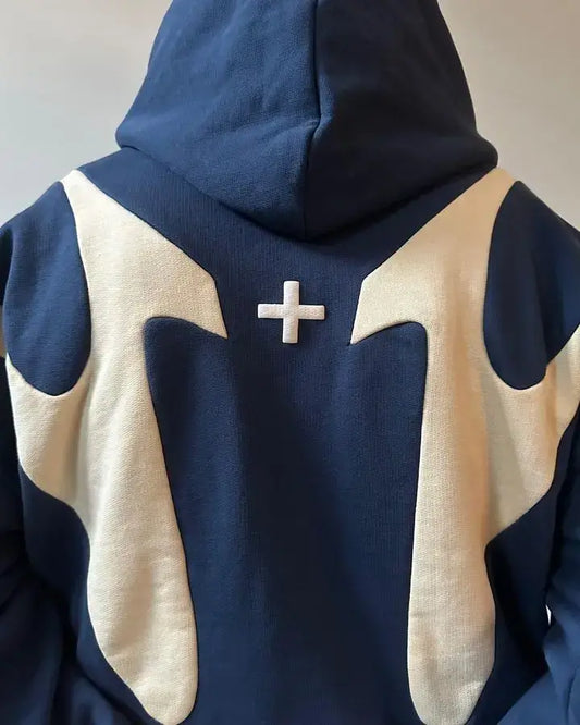 Hooded Streetwear Zip Up Hoodie with contrasting cross design in unisex style