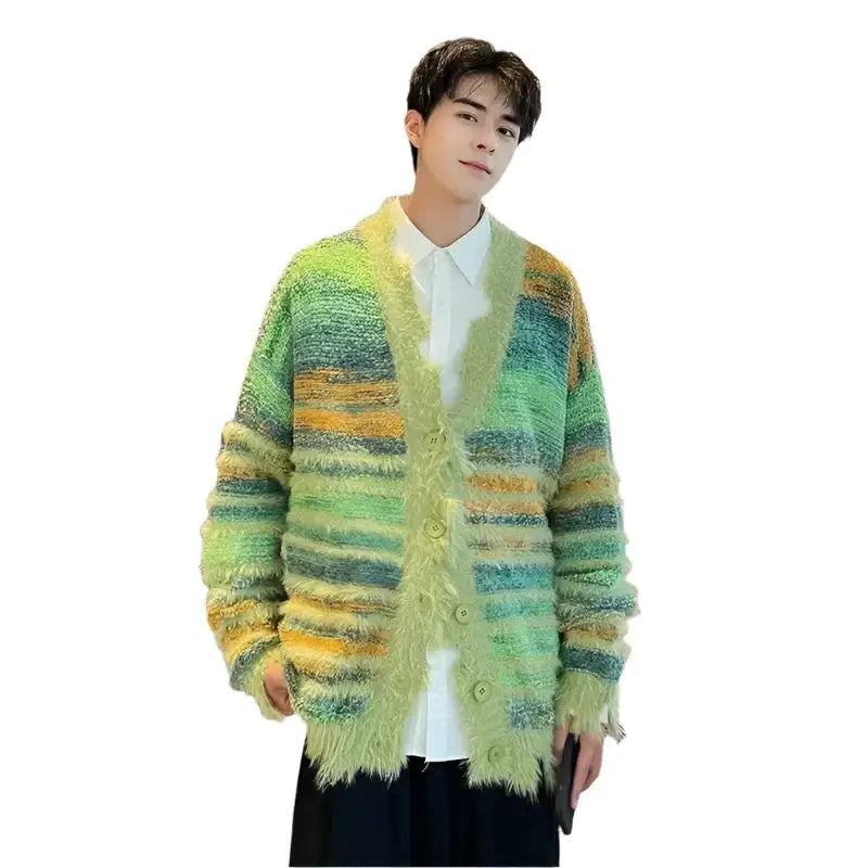 Colorful striped cardigan sweater in green and yellow with a fuzzy texture