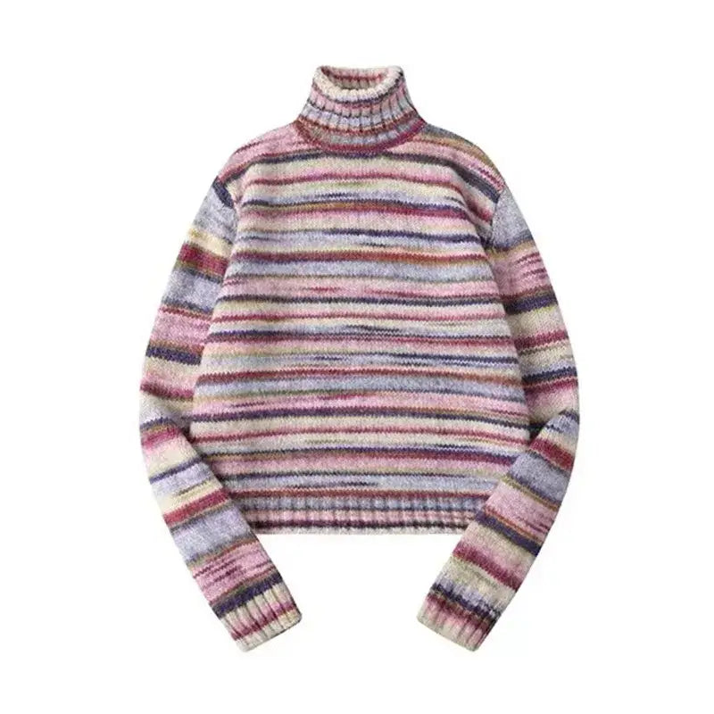 Striped turtleneck sweater in pastel colors for fashionable layering and comfort