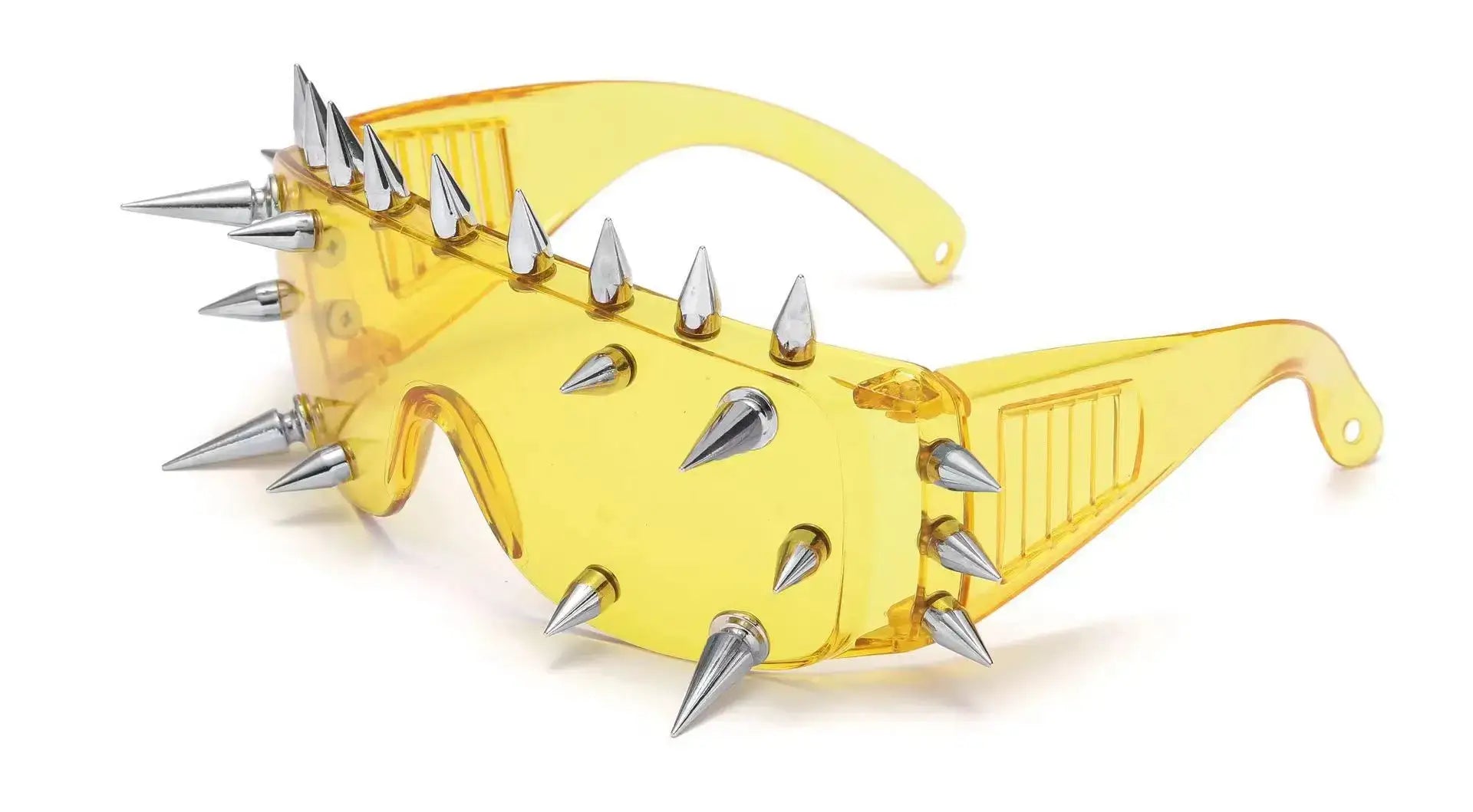 Yellow sunglasses spikes with metallic spikes for a bold Y2K look that will turn heads