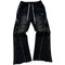 Black sweat pants with zipper fly, white drawstring, and contrasting stitching details