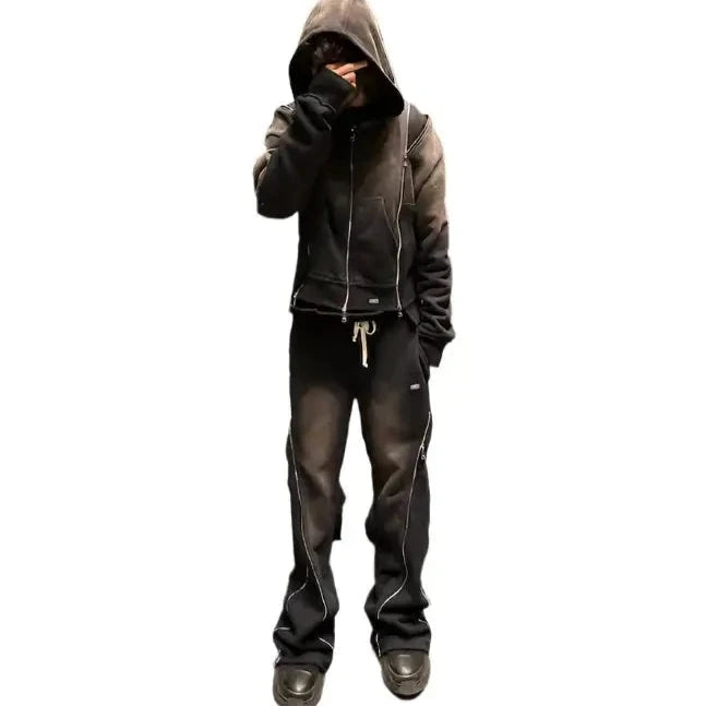 Person in dark hooded sweatsuit and sneakers showcasing Sweat Pants with Zipper Fly