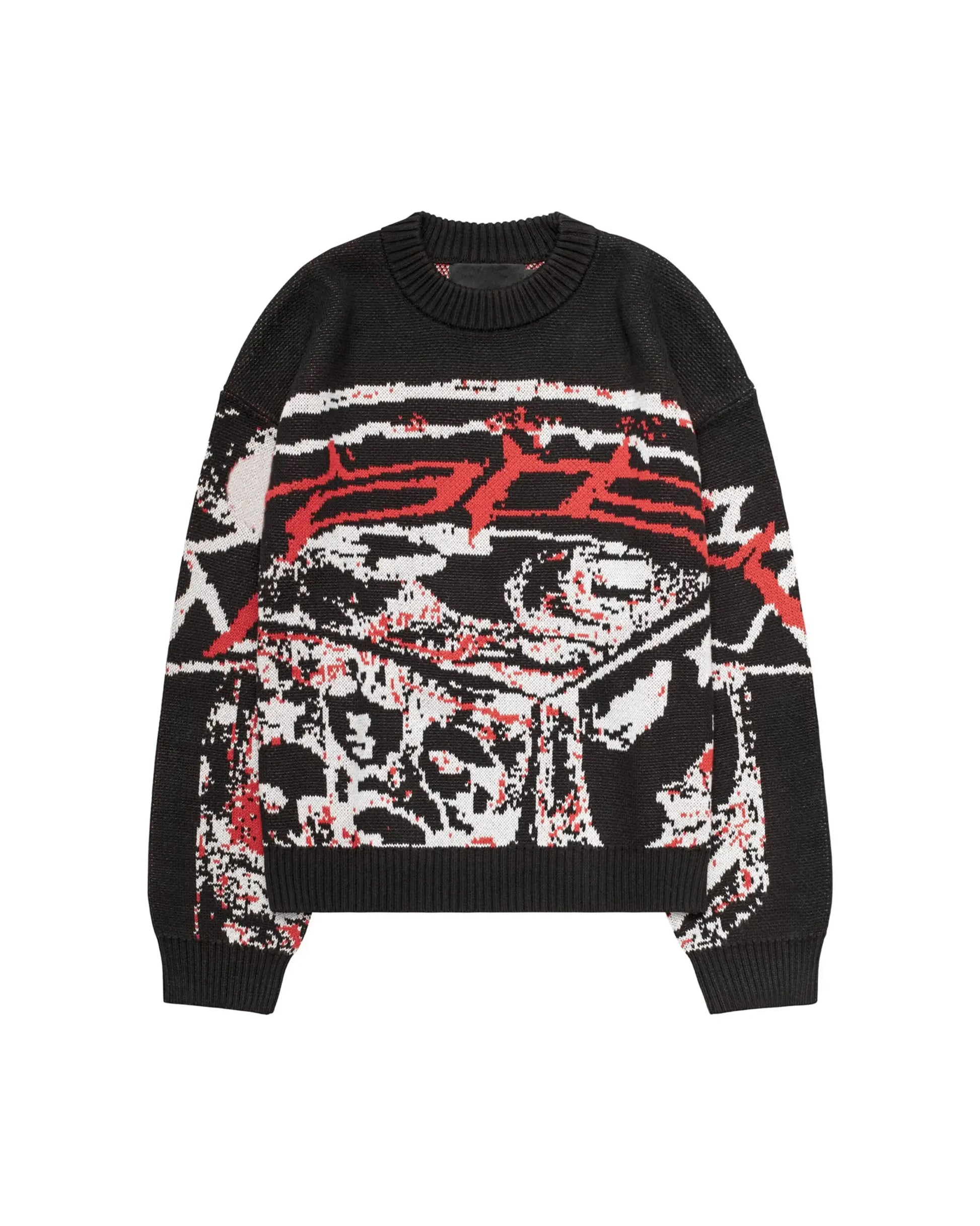 Black knit sweater with abstract red and white design, perfect for Y2K sweater aesthetic