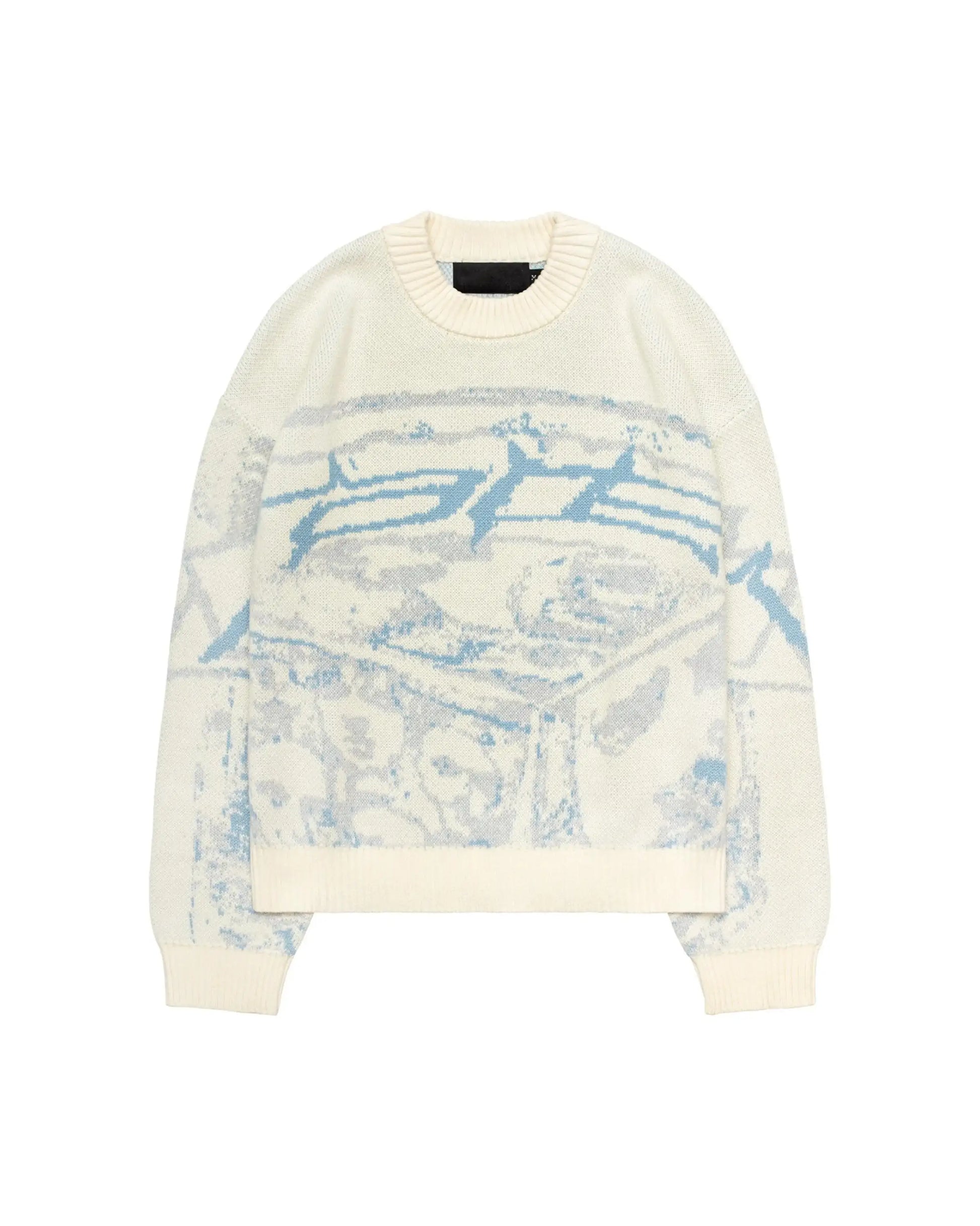 Cream-colored sweater aesthetic with light blue abstract fish designs in loose fit style