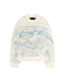 Cream-colored sweater aesthetic with light blue abstract fish designs in loose fit style