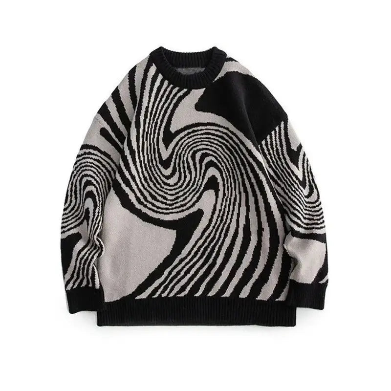 Black and white Swirl Sweater featuring a swirling psychedelic pattern to stay warm Y2K style