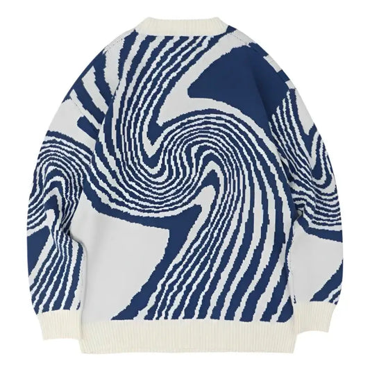 Swirl Sweater with a blue and white swirling pattern to stay warm in Y2K style