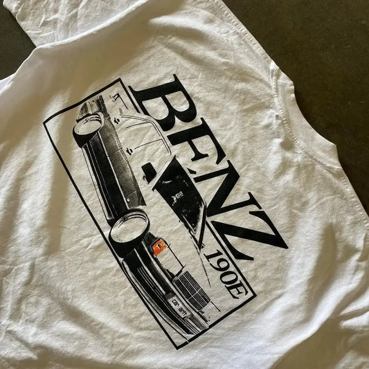 White shirt Benz featuring a black graphic design of a Benz 190E in Y2K style