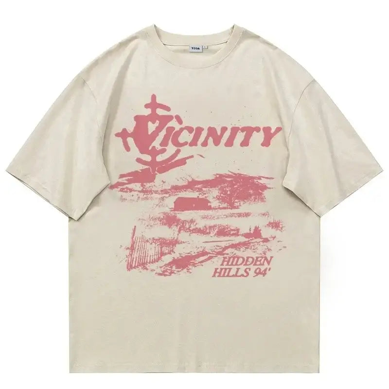 Off-white shirt graphic art with pink Vicinity landscape and Hidden Hills 94 design