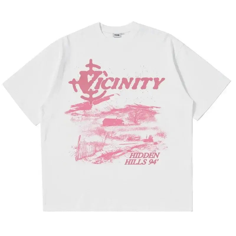 White shirt graphic art with pink Vicinity text and landscape design