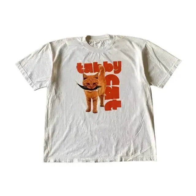 White T-shirt featuring a cartoon cat with orange Tubby Cat text for a fun shirt white orange