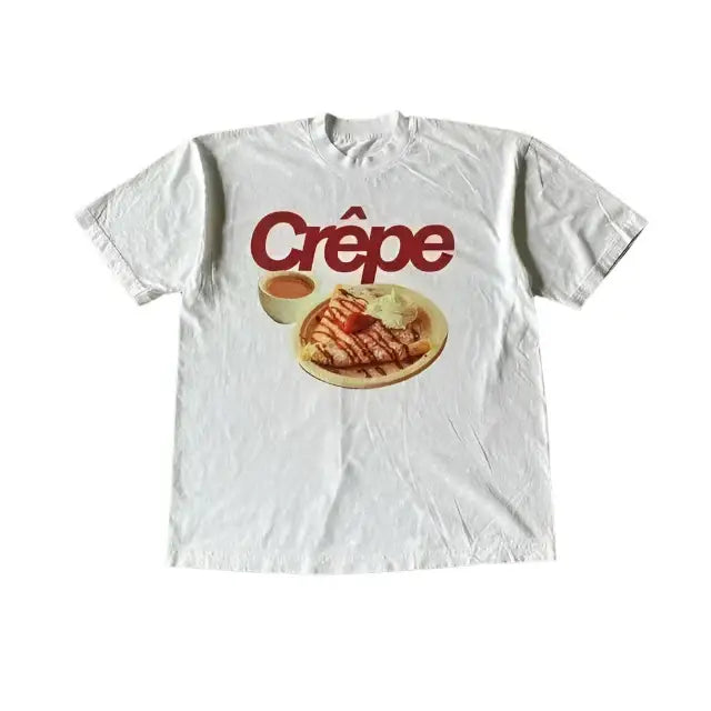 White t-shirt with Crêpe graphic showcasing a delicious crepe dessert on shirt white orange