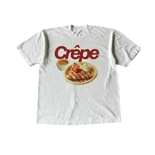 White t-shirt with Crêpe graphic showcasing a delicious crepe dessert on shirt white orange