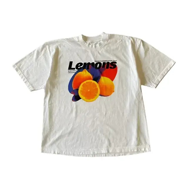 White t-shirt with colorful lemon print and Lemons text, perfect for a shirt white orange