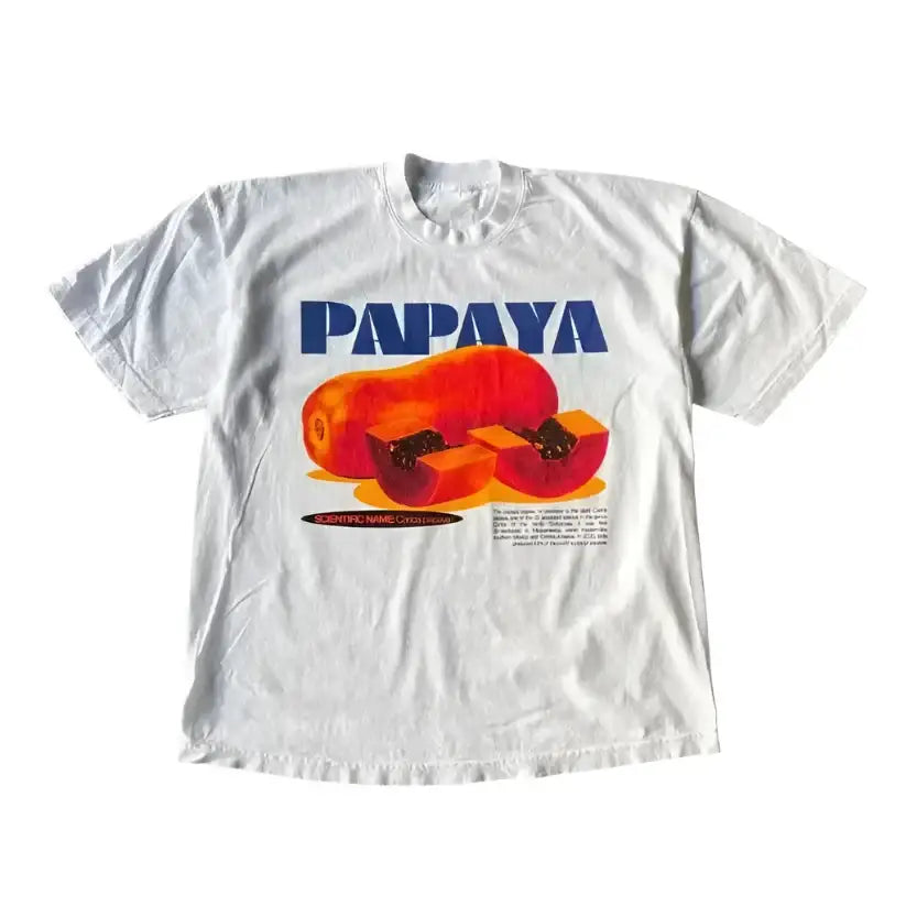 Stylish White T-shirt with Papaya Graphic, Perfect for a Trendy Shirt White Orange Look