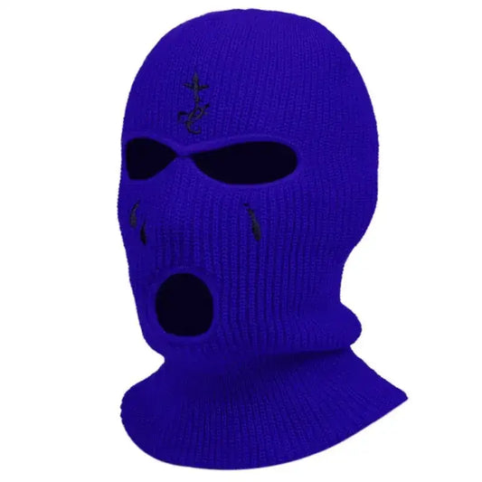 Purple knitted Teardrop Ski Mask featuring eye and mouth holes for outdoor protection