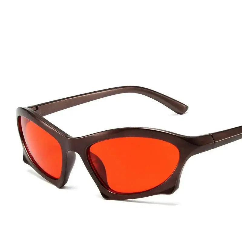 Pair of brown-framed Tech Sunglasses with vibrant orange polycarbonate lenses