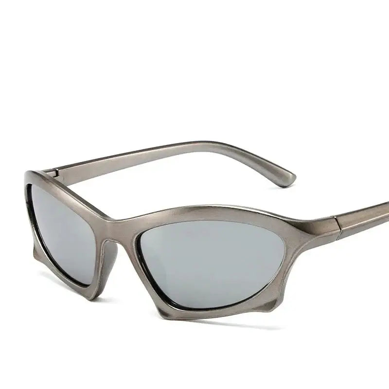 Pair of angular metallic-framed Tech Sunglasses with mirrored polycarbonate lenses