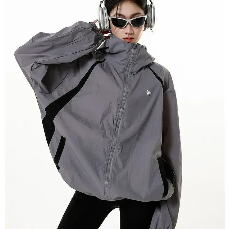 Gray hooded windbreaker Techwear Jacket with zipper front, perfect for Y2K style