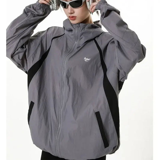 Gray hooded Techwear Jacket with black accents and zipper closure for Y2K style