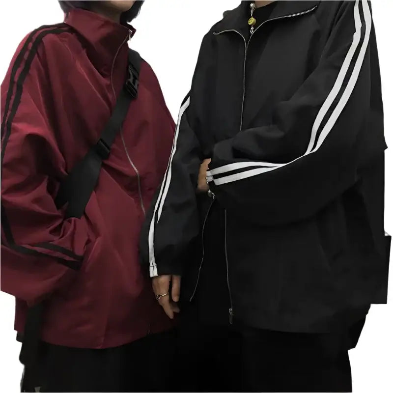 Tracksuit jacket in burgundy and black with white stripes, showcasing trendiest Y2K style